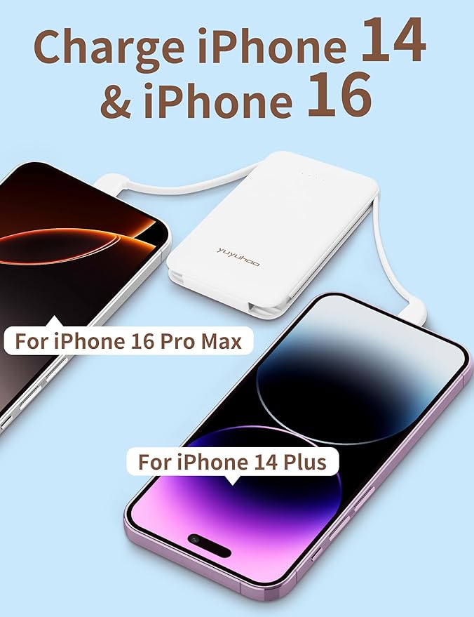 Portable Charger, Slimmest 5000mAh Portable Charger with Built in USB-C Cables, USB C in&out Charging Battery Pack, External Phone Powerbank Compatible with iPhone, Android, 2 Pack White & Pink