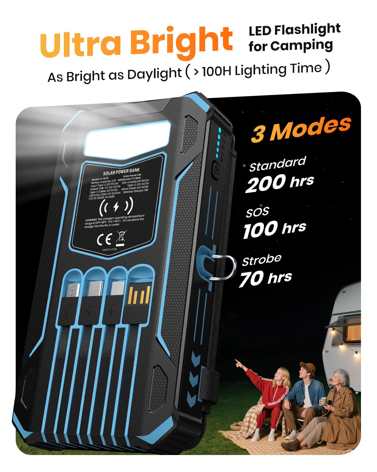 SOARAISE Solar Power Bank 48000mAh Wireless Battery Pack with 4 Cables