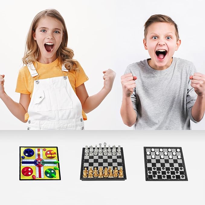 3 in 1 Magnetic Chess Set - 6.69" Portable Folding Board with Chess, Checker, Ludo Games | No Stress Travel Essentials for Beginners & Professionals, Indoor Outdoor Use