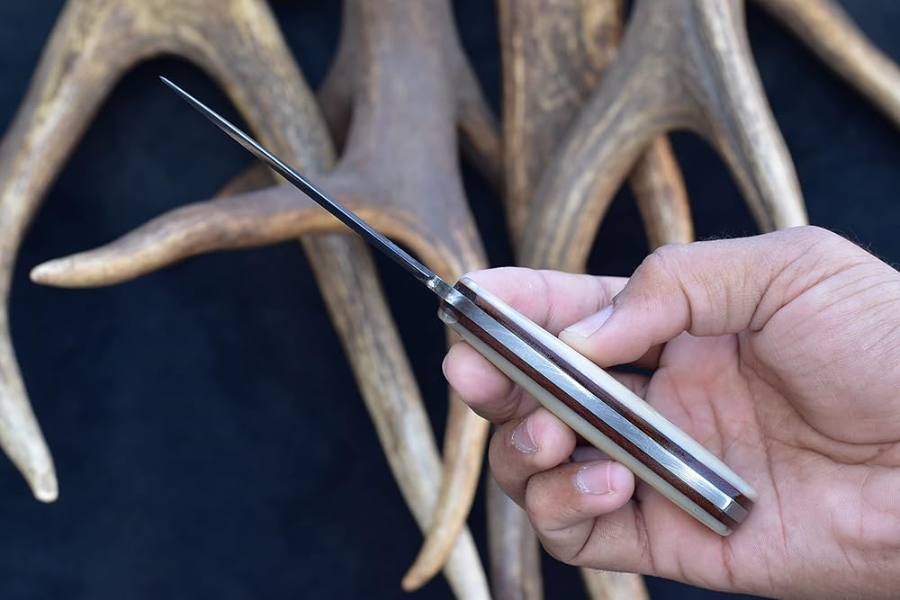 Knives Ranch Fixed Blade EDC Knife with Pancake Sheath ??Small Hunting Knife ??Damascus Skinning Knife ??Cowboy Knife with Leather Sheath - Cattle Bone Handle - Leather Sheath Snug Fit (3112-B)