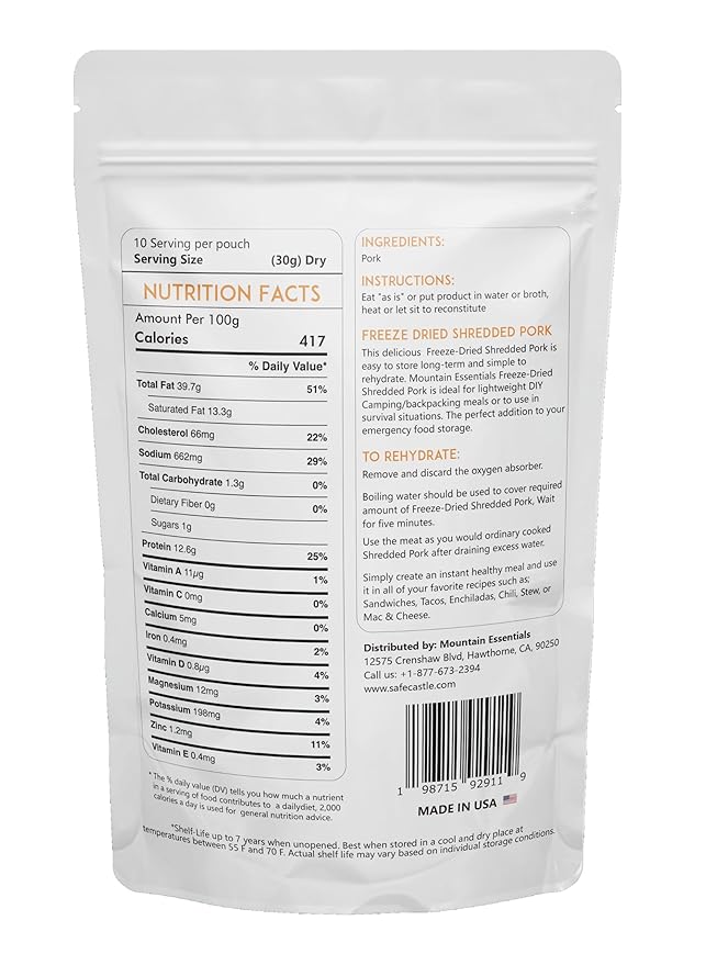 MOUNTAIN ESSENTIALS Freeze-Dried Shredded Pork ??Fully Cooked, Ready-to-Eat Meat | 10 Servings per Pouch | 7-Year Shelf Life | Ideal for Daily Meals, Camping, Emergency Preparedness & Survival | Made in USA | Pack of 1