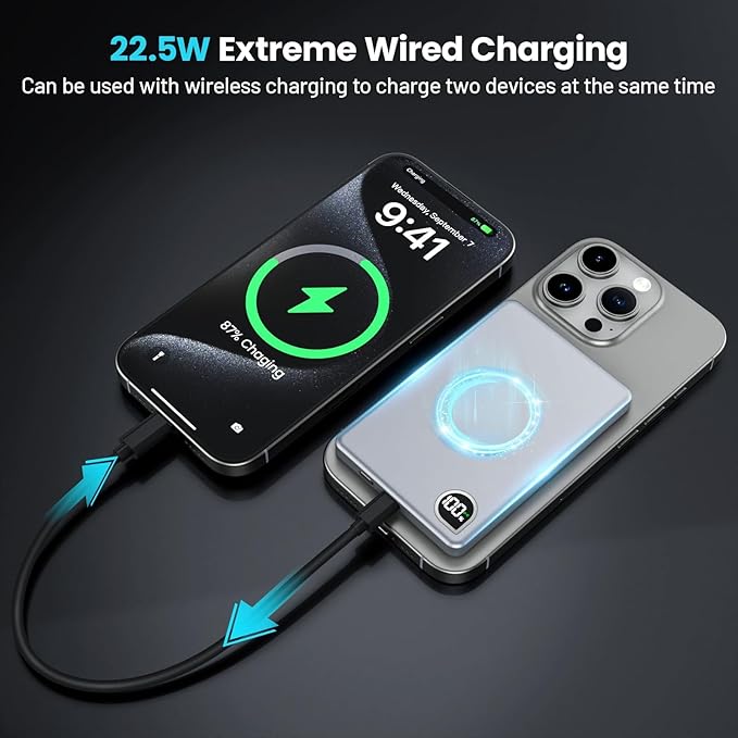 Power Bank,0.3" Ultra Slim 5000mAh Magnetic Wireless Portable Charger,with USB-C Cable Digital Display,Metal Fast Charger Battery Pack for iPhone 16/15/14/13/12 Series, Samsung Android(Silver)