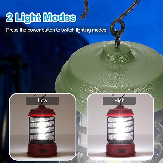 PATIKIL LED Camping Lantern, 2 Pack Vintage Lantern 2 Light Modes Portable Battery Powered Hanging Outdoor Tent Light for Camping, Hiking, Fishing, Dark Green 5.91 Inch