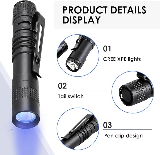 Mini Pocket Flashlight, Small LED Pen Light with Clip, 500 Lumen Torch Powered by AAA Battery, Portable Versatile for Inspection Medical Repair Camping Outdoor Emergency (3.5" 3 Pack Purple)