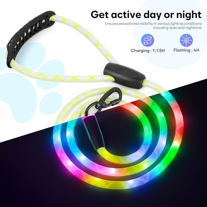 Colaseeme Light Up Dog Leash, LED Pet Leashes USB Rechargeable, Glow Safety Dogs Lights at Night (5FT,Multi-Color)