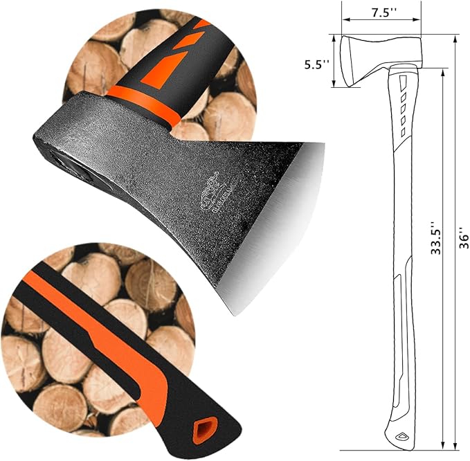 Chopping Axe, Hand Axe, Camp Hatchet for Splitting Kindling and Chopping Branches, Wood Chopping Axe 5.5 lb with 36-in Fiberglass Handle