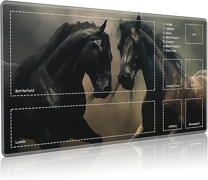 Playmat for MTG with Zones, 24 x 14 inches Game Play Mat for MTG TCG, Trading Card Game Play Mat Desk Mats with Stitched Edges Non-Slip Base, Two Horses