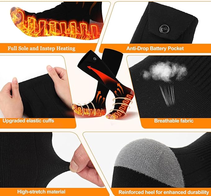 Electric Heated Socks,Heating Entire Sole and Instep 5V 5000mAh Rechargeable Battery Winter Heated Socks for Men Women Outdoor Riding Camping Hiking Skiing