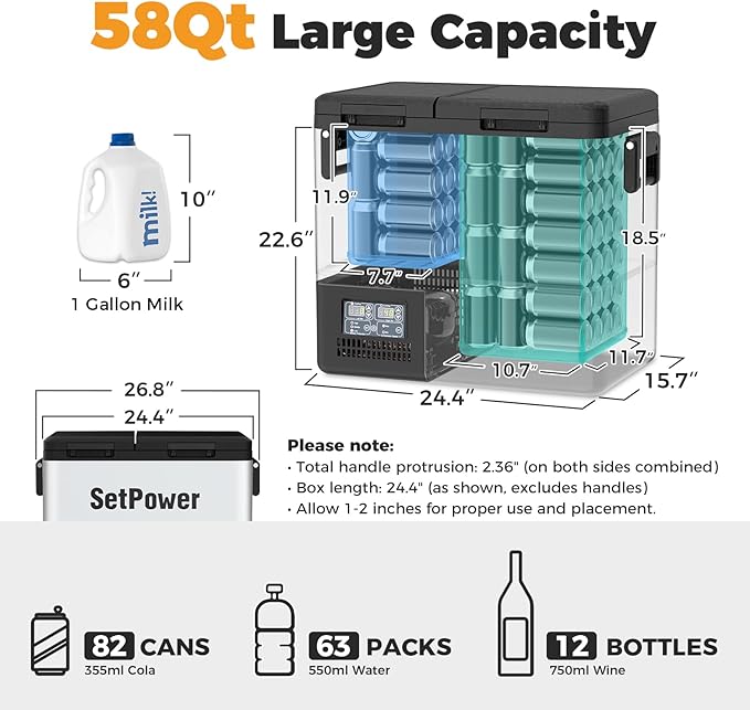 Setpower PT55 Car Refrigerator With AC Adapter,Dual Zone Portable Freezer Fridge Electric Cooler,55L Portable Car Fridge,12 Volt Refrigerator for Car Camping, RV, Truck,Vehicles,Travel,3-YEAR Warranty