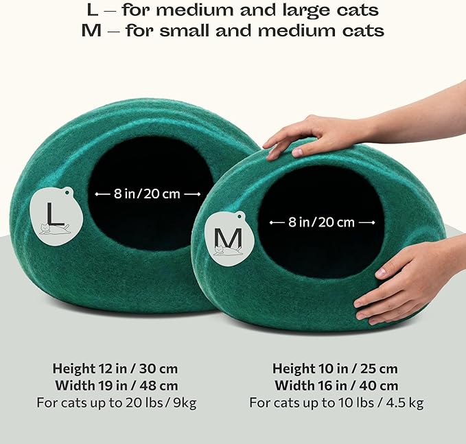 MEOWFIA Cat Cave ??Premium Felt Cat Bed for Indoor Cats, Handmade 100% Merino Wool (Medium, Emerald)