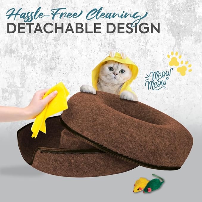 Laluz 2021 Large Cat Tunnel Bed for Indoor Cats Up to 30 Lbs Peekaboo Donut Cave with Catnip and Plush Toys Scratch Resistant Felt Design Detachable and Washable Cat Tunnel (Chocolate, L)