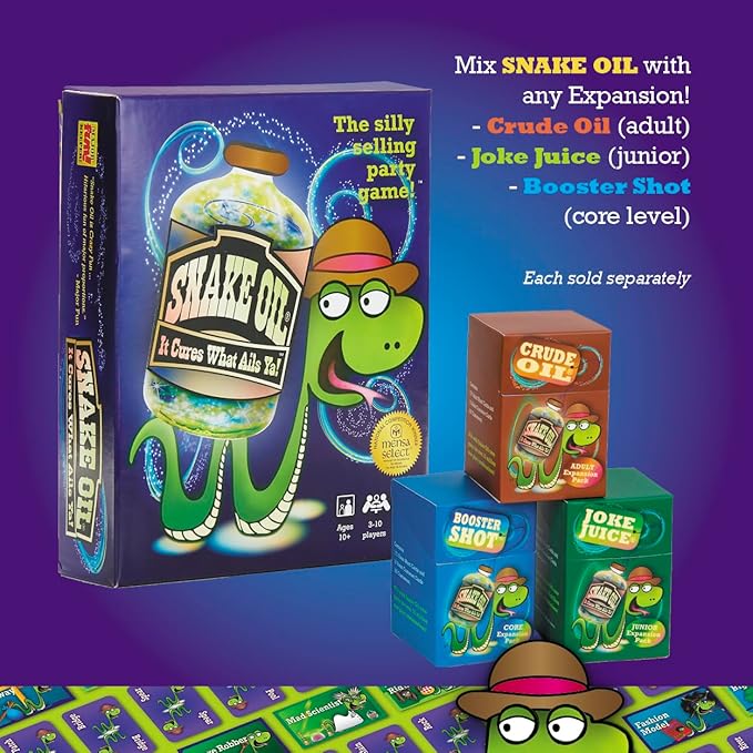 SNAKE OIL - The Silly Selling Party Game - Funny Group 3-10 Player Card Games - Fun Travel Activity for Friends and Family - Joke Juice Expansion for Ages 8+