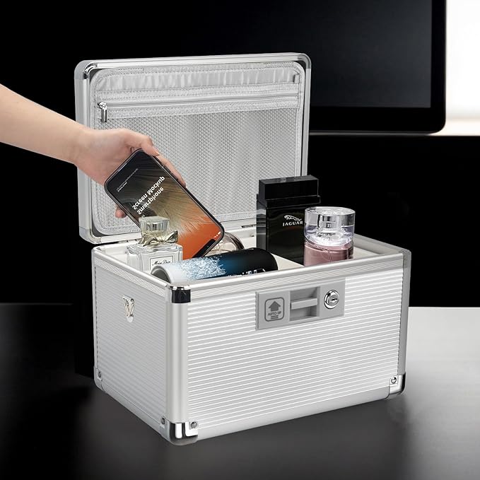 Medicine Lock Box with Key, Alluminum Alloy Box for Medication,First Aid Box with a Removeable Tray to Store Medicines & Pills for Home, Silver 14 * 8.46 * 7.48 Inch
