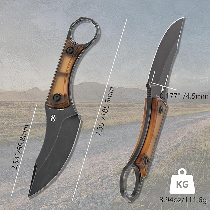 KANSEPT Niko Fixed Blade Knife, 3.54'' Blackwash D2 Sharp Blade with Yellow PEI Fine Texture Handle, Adjustable Kydex Sheath for Edc Hunting Survival Camping G004A11