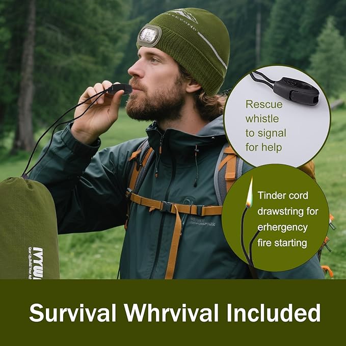 Emergency Sleeping Bag & LED Beanie Kit - Portable Bivy Sack Blanket, Winter Warm Knitted Hat with Light, Waterproof Survival Gear for Camping Hiking Adventure