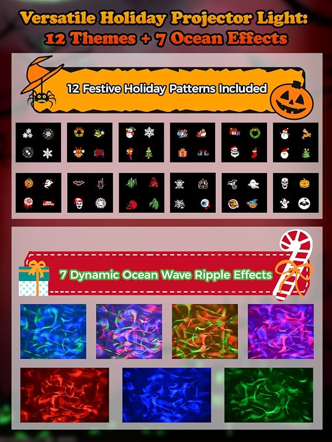 Christmas & Halloween Projector Lights Outdoor/Indoor – No Slides Needed | 12 Patterns & 7 Colors for Festive Decor | Remote & Timer Control | IP65 Waterproof Yard/Garden/Patio (Black 1)