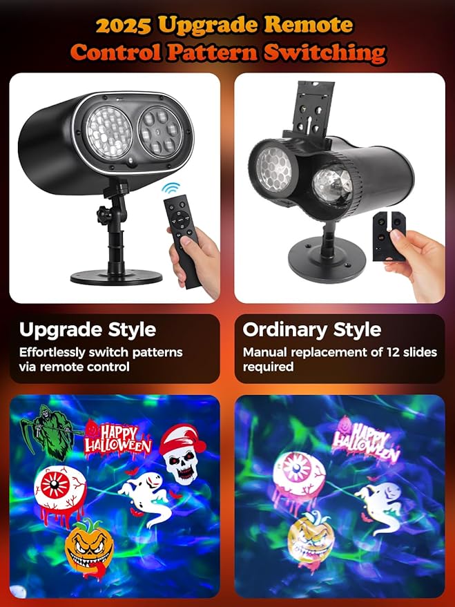 Christmas & Halloween Projector Lights Outdoor/Indoor – No Slides Needed | 12 Patterns & 7 Colors for Festive Decor | Remote & Timer Control | IP65 Waterproof Yard/Garden/Patio (Black 1)