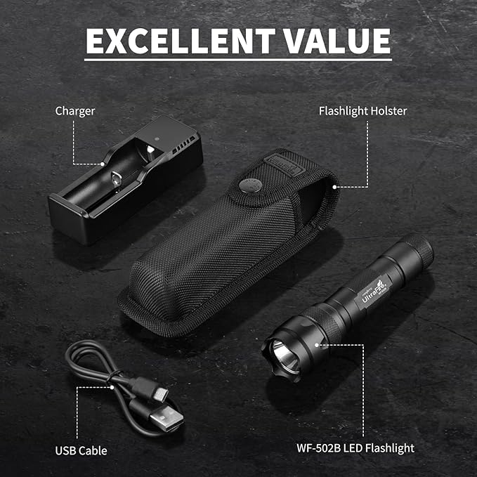 ULTRAFIRE Tactical Flashlight with Holster Pouch, 1000 Lumen Single Mode Police Flashlight for Duty Belt, Super Bright EDC Flash Light with Belt Holster, WF-502B