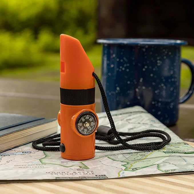 Kids Survival Outdoor Camping Multi Tool Whistle Compass LED 7 in 1 Flashlight