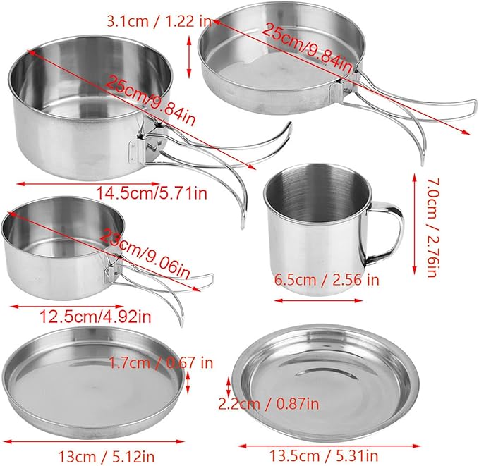 Stainless Steel Camping Cookware Set with Pot, Pan, Plates and Cups, Portable Folding Outdoor Cooking Kit for Picnic, BBQ and Travel