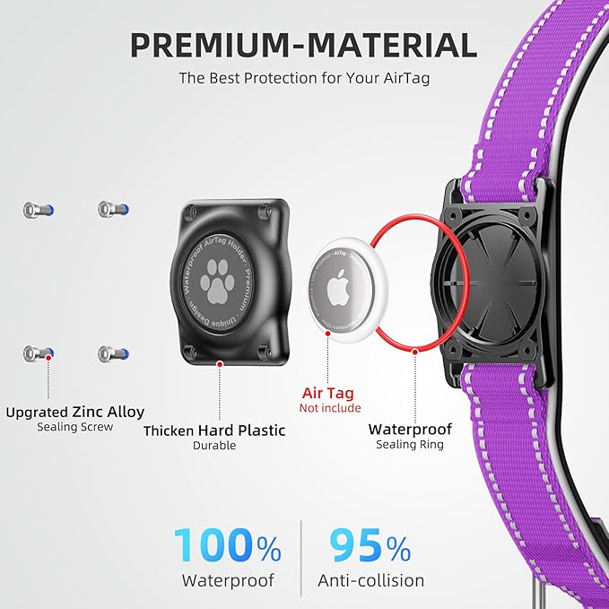 Airtag Dog Collar - 100% Waterproof AirTag Holder, Reflective, Soft Padded, Everlasting GPS Collar for Small to Large Dogs (Purple, L)