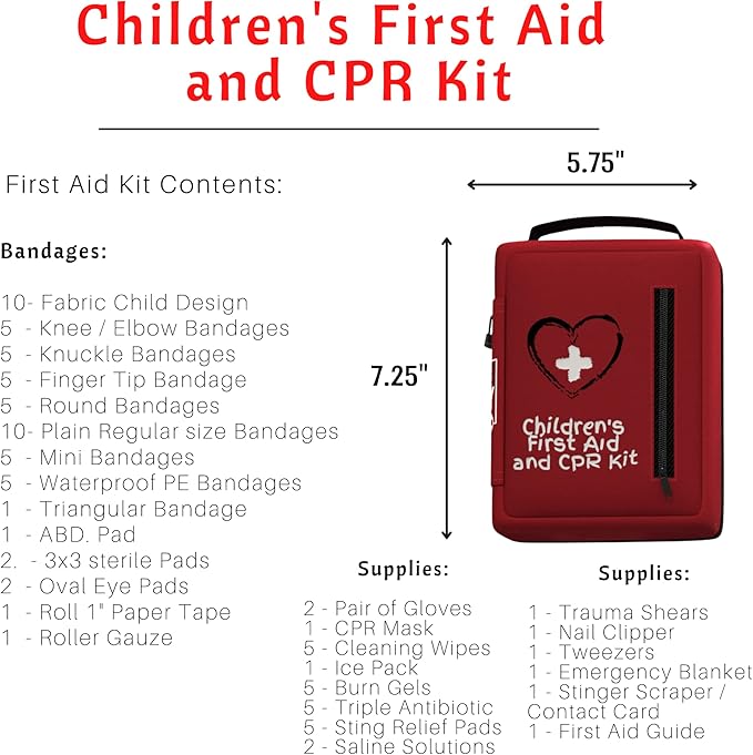 Portable First Aid Kit for Kids with CPR Shield - Ideal for Home, Car, School, Camping, and as a Travel First aid kit. Latex-Free Bandages ??Children First Aid Guide by The Life Safety Pro