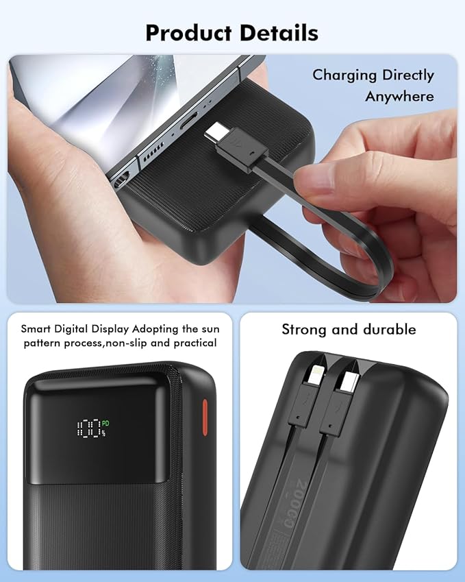 20000mAh Power Bank 22.5W PD/QC3.0 Fast Charging Portable Charger with Built-in Lightning and Type-C Cables 5V-4.5A iPhone,Samsung,iPad,Tablets,Google Pixel,AirPods and More
