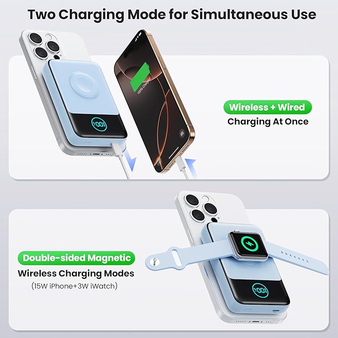 Magnetic Portable Charger for iPhone, 3-in-1 10800mAh Qi2 15W Wireless Power Bank with iWatch Charger,30W PD Fast Charging USB-C LCD Display Battery Pack for Magsafe,iPhone 17/16/15/14/13, Apple Watch