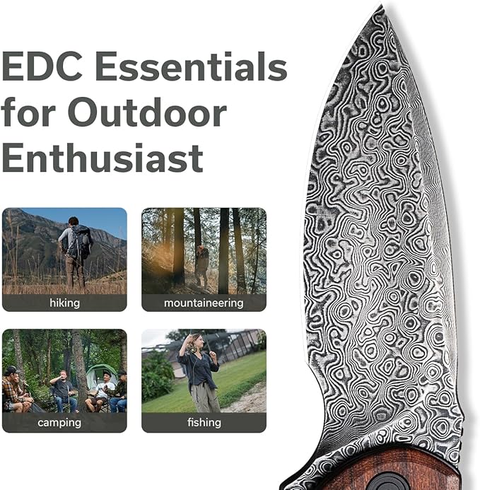 CIVIVI Folding Pocket Knife for EDC, Small Mini Praxis Knife for Men Women, 2.98" Damascus Blade Guibourtia Wood Handle, Sharp Camping Hiking Knives C18026C-DS1