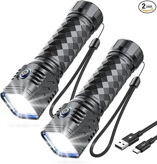 LED Flahlight High Lumens,2 Pack Rechargeable Metal Flashlights Waterproof, Super Bright Flash Light for Camping Hiking Outdoor Home Emergency, Camping Essentials Gear