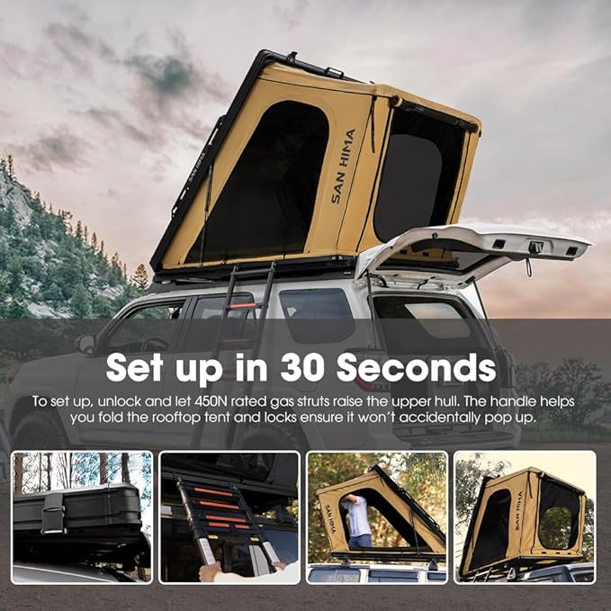 Sanhima Rooftop Tent Hard Shell - Hotham Overland Aluminium Roof Top Tent w/Larger Space, LED Strip Light & Skyview Window, 2” Thick Mattress, for Car SUV Truck Camping, 2-3 People Tent