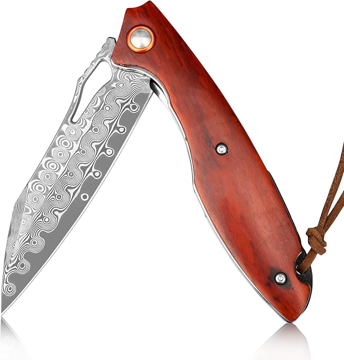 Damascus Pocket Knife 3.5" Damascus Steel Blade Foldable Knives with Wooden Handle EDC Camping Folding Knives for Outdoor Men Women Christmas Birthday Gifts