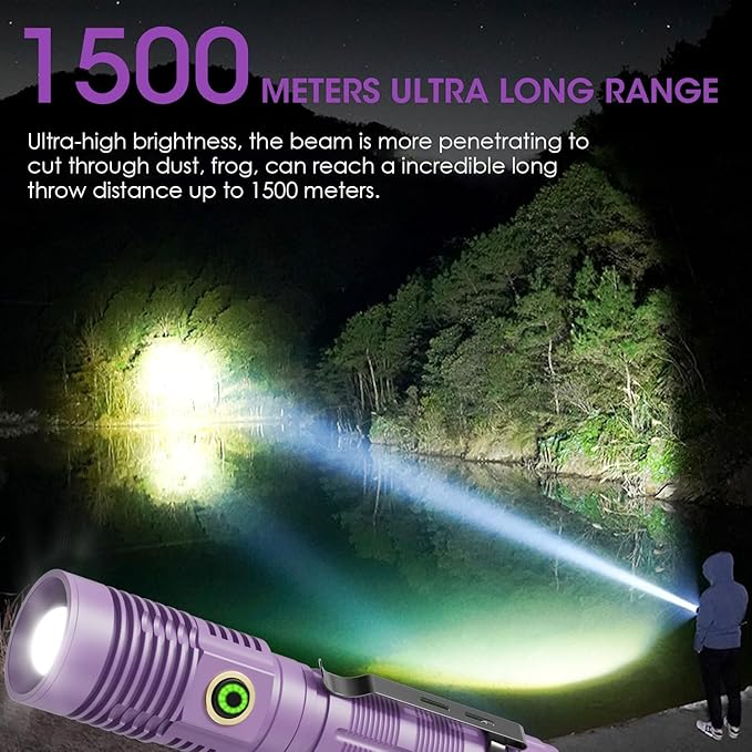 Rechargeable Flashlight High Lumens, High Lumens Super Bright Magnetic Flash Light, Long-Range Zoomable LED Flashlights for Emergency, Waterproof Flashlight Dimmable, Purple,1PC