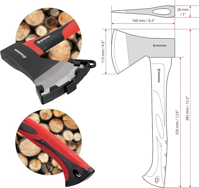 INTERTOOL 15” Camping Hatchet Axe – Compact Wood Splitting Tool with Fiberglass Shock-Resistant Handle, Small Axe for Chopping Firewood, Kindling, and Survival Gear – HT-0262