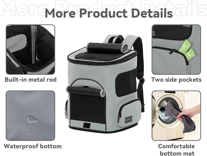 PETSFIT Cat Carrier Backpack with Upgraded Waist Protection, Pet Carrier Backpack Designed for Small Dogs/Cats, Fully Ventilated Collapsible Dog Backpack for Outdoor Traveling Hiking Camping,Grey