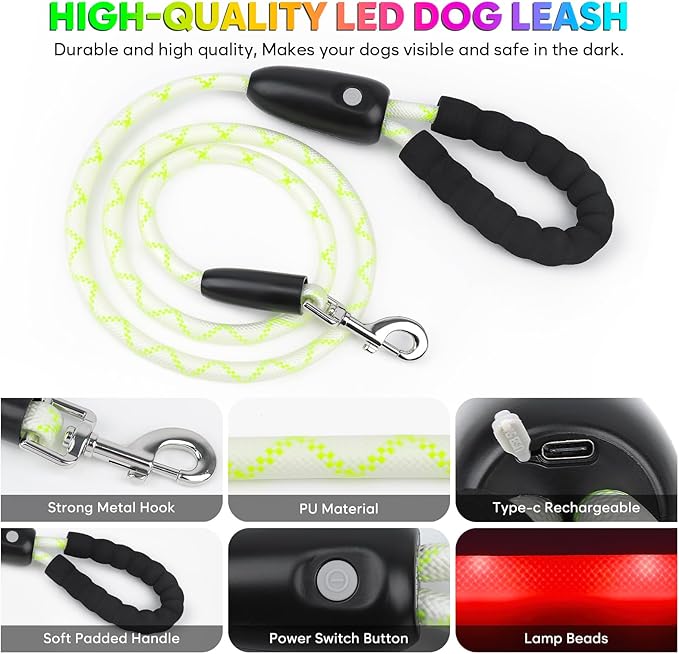YFbrite Waterproof Light up Dog Leash with 15 Flashing Modes - Super Bright LED Dog Leash for Small Medium Large Dogs - Type-c Rechargeable Dogs Leashes Light (Multi-Color, 4FT (120cm))