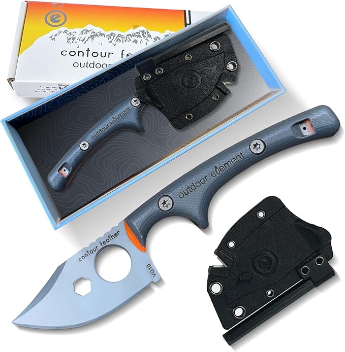 Contour Feather Survival and Culinary Knives ??VG10 Steel Fixed Blade with Fire Starter, Hex Driver, Knife Sharpener, Sheath & Built in Whistle - Built For Camping & Outdoor Adventure