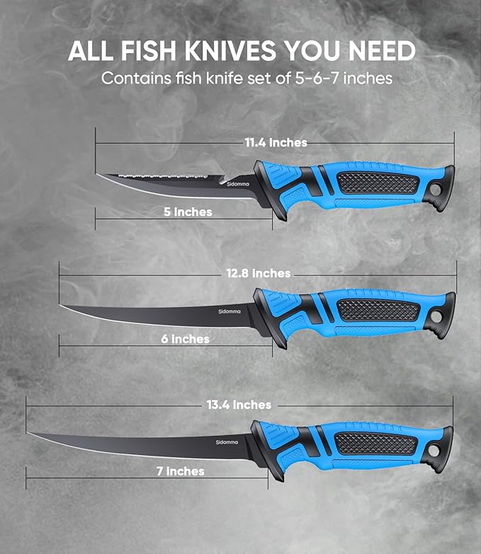 Fillet Knife and Bait Knife Set Performance 5"-6"-7" G4116 German Flex Razor Sharp Stainless-Steel Blade with Sheath for Filleting and Boning, Pro Fishing Gear and Equipment Tools, Cool Fishing Gift for Men (Black-Blue)