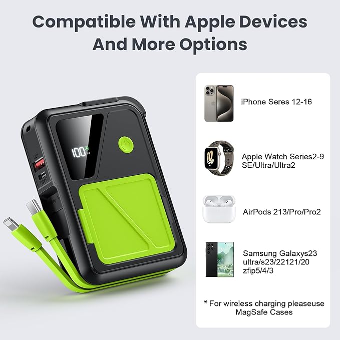 Wireless Portable Charger,5-in-1 Magnetic Power Bank 10000mAh Built in Cables and AC Plug,22.5W Fast Charging Magnetic Battery Pack,Compatible with iPhone 16/15/14/13/12,Apple Watch Series,Airpods