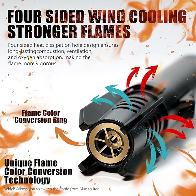 Camping Torch Lighter, Bright Fire Windproof Butane Refillable Straight Flame Lighter with Safety Lock and Adjustable Red Blue Flame for Tactical Outdoor Hiking Campfires BBQ Kitchen Candles (Blue)