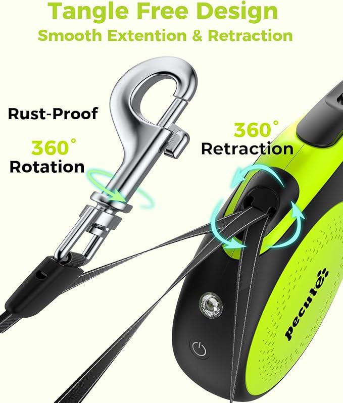 Retractable Dog Leash for Large Dog with Light Rechargeable, 16ft Heavy Duty Retractable Pet Leash with One-Button Control, Anti-Twist Protection, Reflective Leash for Large Dogs Up to 110 lbs