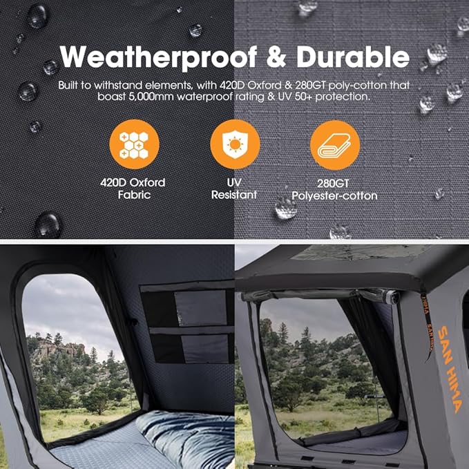 Sanhima Rooftop Tent Hard Shell - Hotham Overland Aluminium Roof Top Tent w/Larger Space, LED Strip Light & Skyview Window, 2” Thick Mattress, for Car SUV Truck Camping, 2-3 People Tent