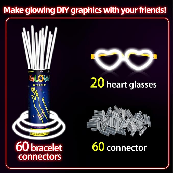 60 Pack 8??White Glow Sticks Bulk Bright Glow Sticks with 60 Connectors 20 Heart Glasses Glow In The Dark Party Supplies Neon Party Decorations Glow Bracelet Glasses for Carnival(White)