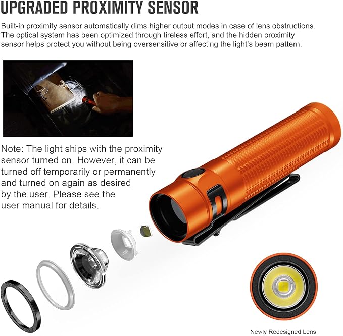 OLIGHT Baton3 Pro Max Flashlight, Rechargeable Compact EDC with Safety Proximity Sensor, 2500 LED High Lumens, Suitable for Camping, Hiking, Emergency (Orange Cool White)