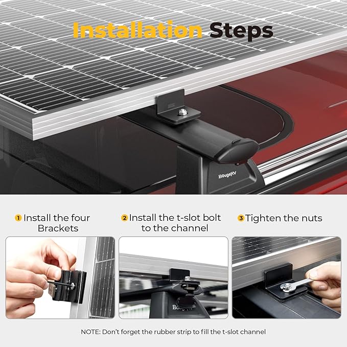 BougeRV Solar Panel Mounting Kit - Fits Auto Cross Bars with T-Track, Secure 100-200W Solar Panels, Heavy Duty Roof Rack Mounting Brackets