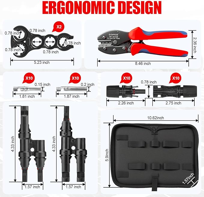 OYMSAE Solar Crimper Tool Kit with Y Connector - 24 PCS Solar Tools for PV MC4 Connectors: 10-14AWG Ratcheting Crimper, 10 Pairs Connectors, 2 Wrenches