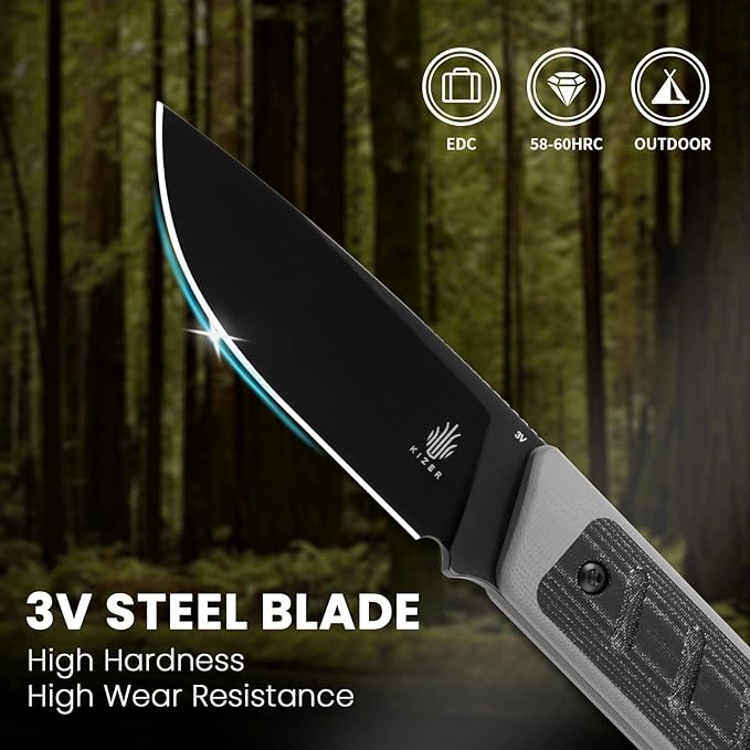 Kizer Smolt Fixed Blade Knife, 2.93 In Drop Point Blade Fixed-blade Knives with Sheath, 3V Steel and G10+Micarta Handle Fixed Blade Utility Knife for Men Women Outdoor Survival EDC, 1063A1