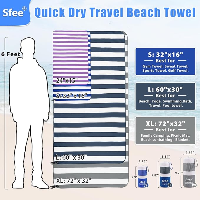 Sfee 2 in 1 Microfiber Oversized Beach Towel, Quick Dry Travel Towel Camping Towel Super Absorbent Compact Lightweight Sports Gym Towel for Beach,Gym, Hiking, Pool, Backpacking, Bath, Yoga