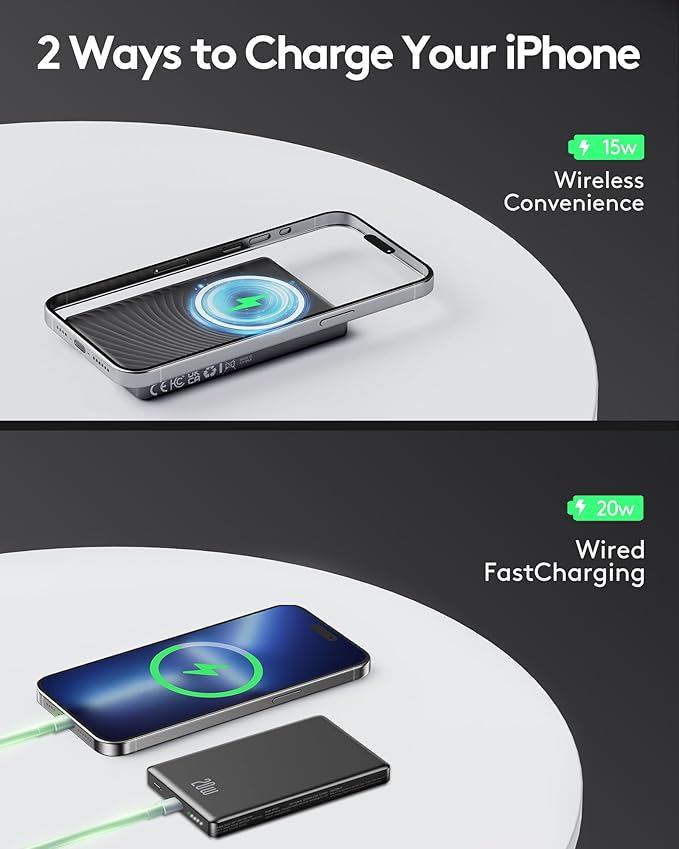 2025 for iPhone Magsafe Battery Pack, Ultra Slim Magnetic Power Bank Fast Charging, Wireless Portable Charger 10000mAh, 20W Powerbank Compatible with iPhone 16/15/14/13/12 Series