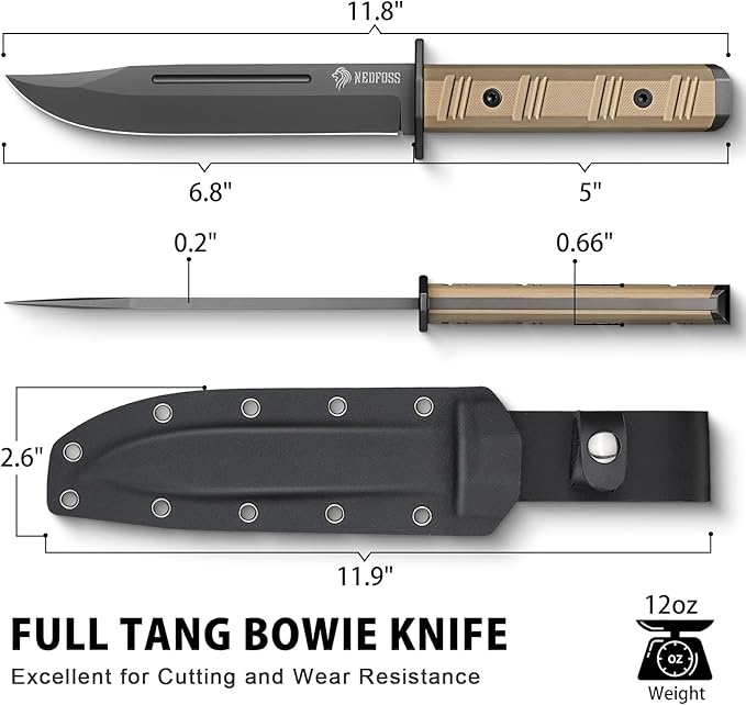 NedFoss BRAVE Fixed Blade Tactical Knife, 6.8" Full Tang Survival Knife with Kydex Sheath, D2 Steel Blade & Desert G10 Handle, Hunting/Camping Knife for Heavy-Duty Task, Outdoor Gifts for Men Women